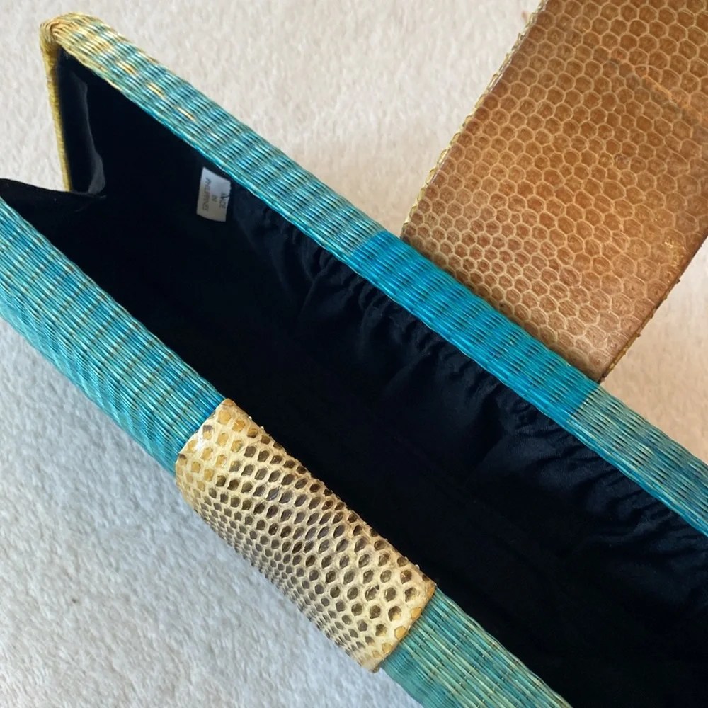 John Carlo Creations snakeskin and ombré turquoise to yellow raffia clutch
